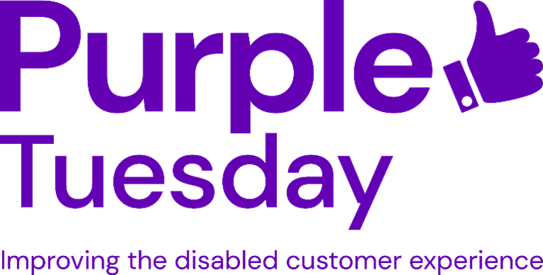 Logo - Shows Purple Tuesday with Thumbs up. in small letters underneath says improving the disabled customer experience