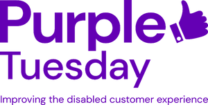 Logo - Shows Purple Tuesday with Thumbs up. in small letters underneath says improving the disabled customer experience